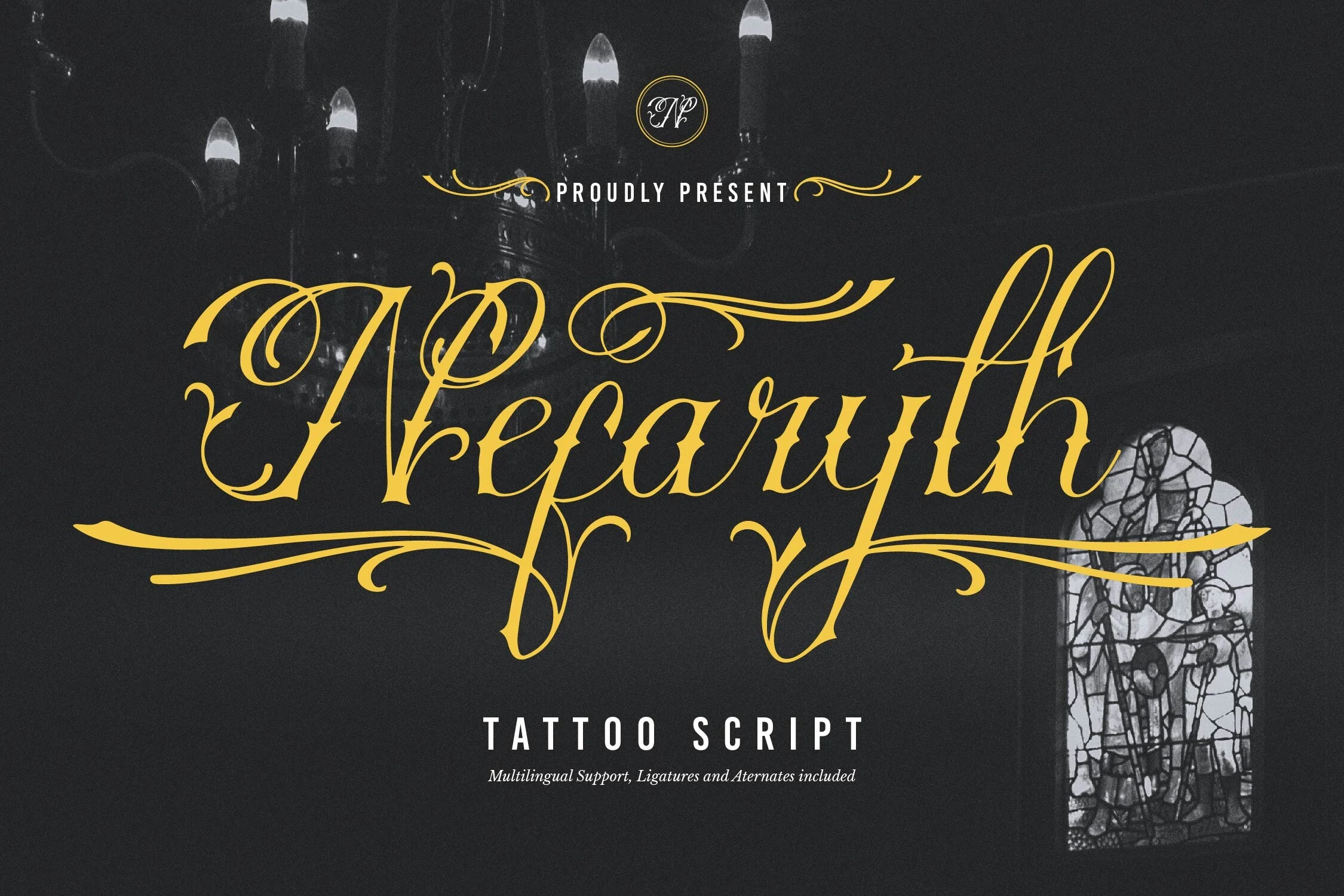 Nefaryth Font featuring connected, right-leaning calligraphic lettering with high contrast and sweeping ornamental flourishes.