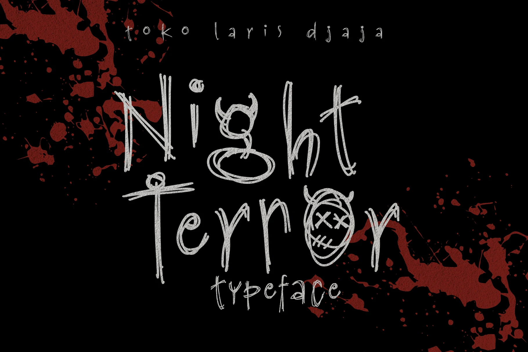 Night Terror Font is a sketchy handwritten display font with multi-stroke outlines, irregular letterforms, and integrated horror-themed illustrations.