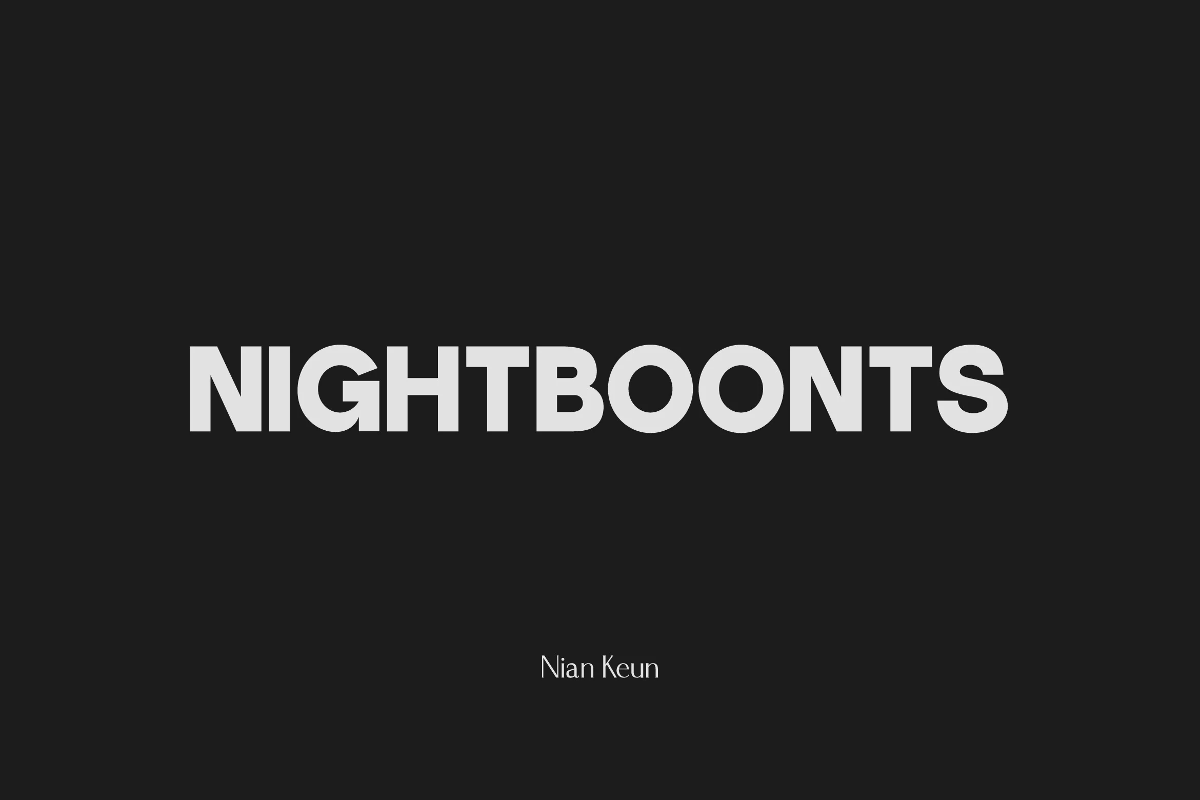 Nightboonts Font preview showing bold, wide uppercase sans-serif letters with consistent heavy strokes and tight spacing.