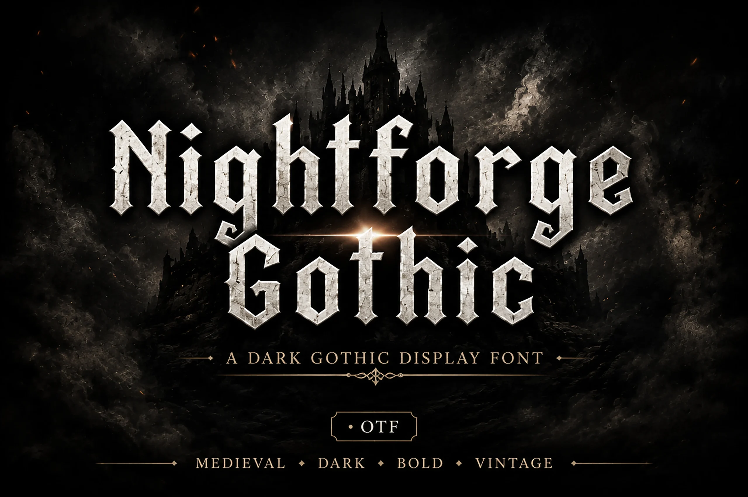 Nightforge Gothic Font showing bold blackletter lettering with sharp angular terminals and a weathered chiseled texture.
