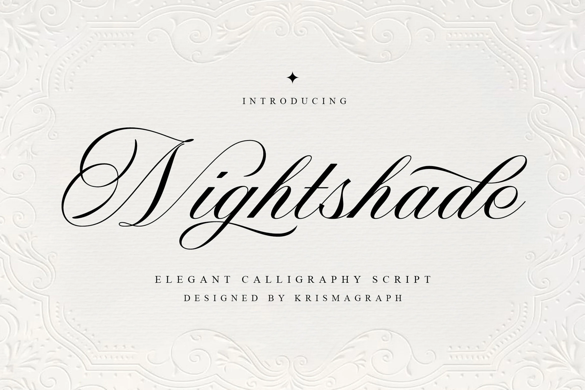 Nightshade Font featuring formal connected calligraphy with high-contrast strokes, flowing curves, and ornate swashes.