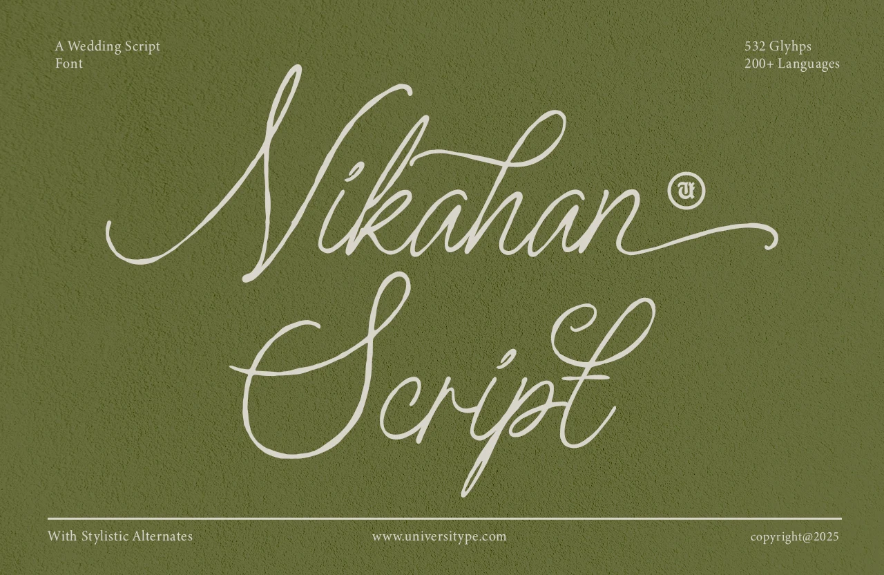 Nikahan Script Font is a connected calligraphic script with high stroke contrast, a rightward slant, and flowing decorative swashes.