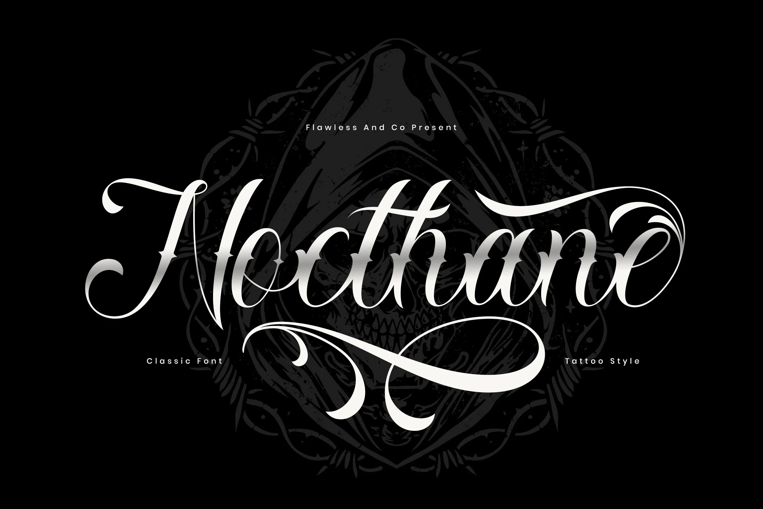 Nocthane Font is a high-contrast connected script with intricate flourishes and sharp pointed terminals.
