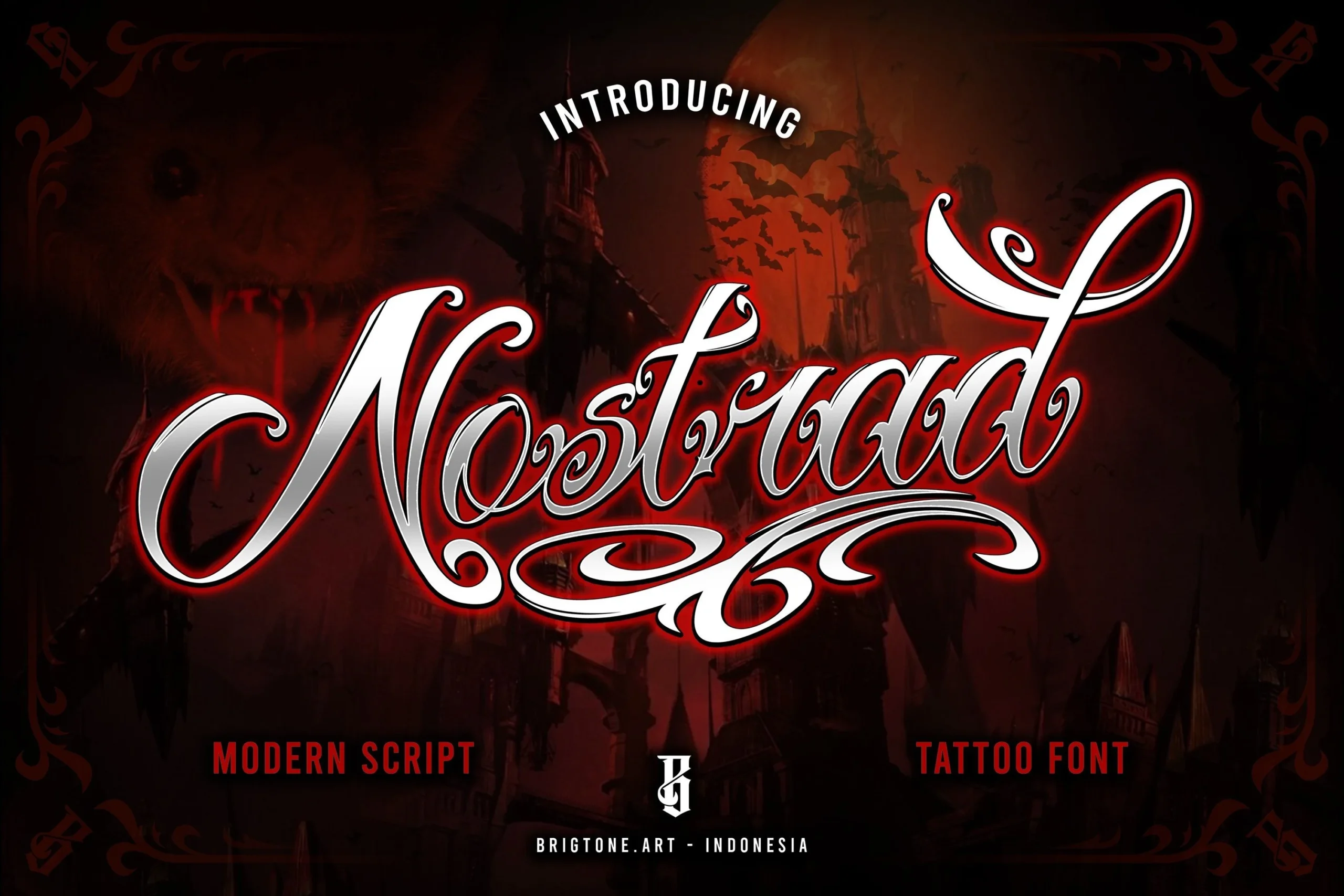 Nostrad Font featuring ornate connected script, sharp terminals, elaborate flourishes, and pronounced rightward slant.