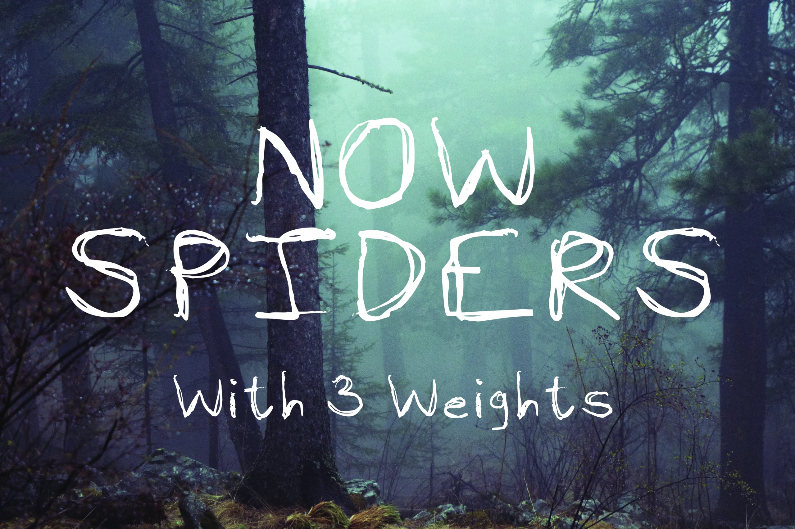 Now Spiders Font showing all-caps, loose hand-sketched lettering with irregular strokes and an uneven baseline.