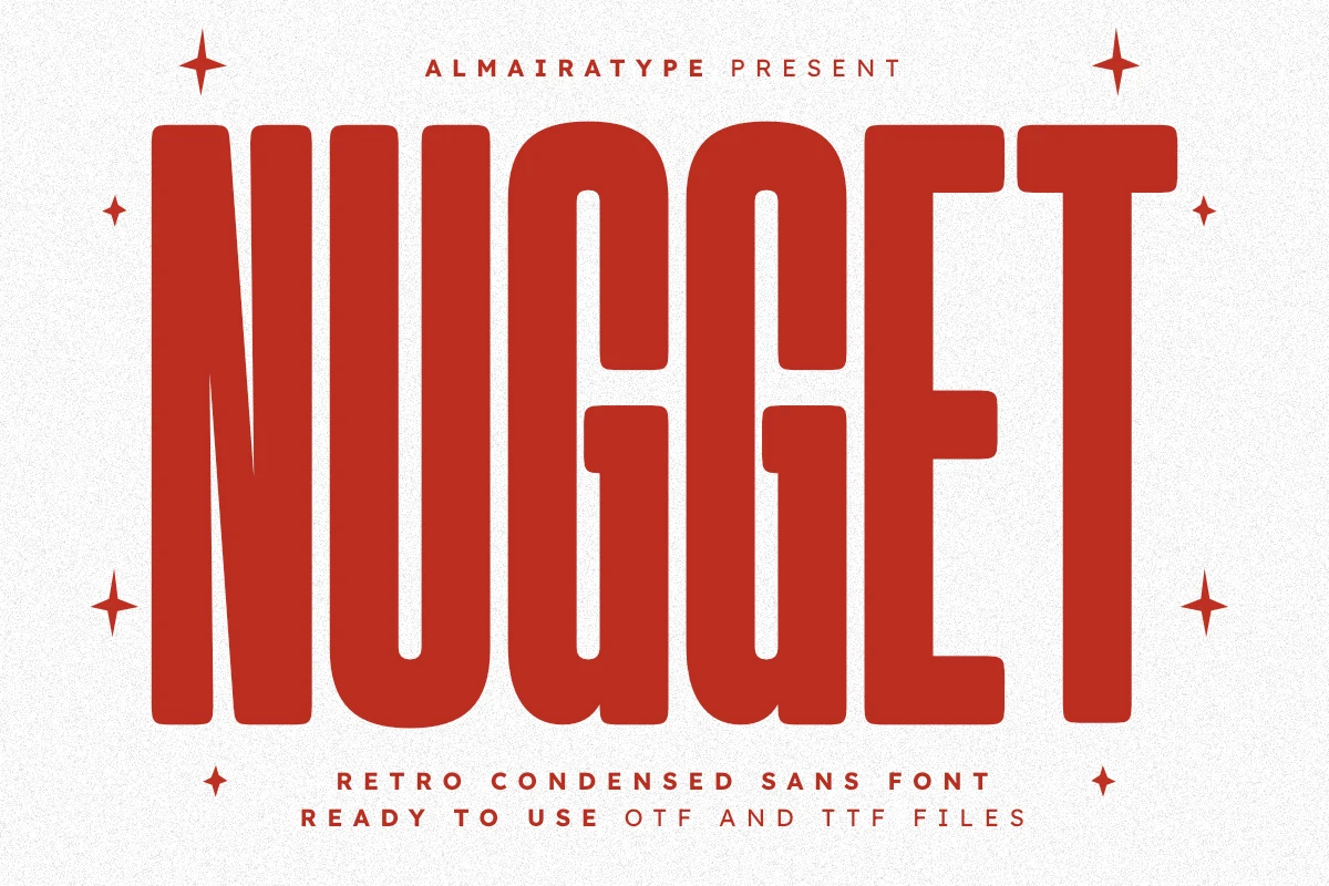 Nugget Font features a bold, ultra-condensed sans-serif design with rounded terminals and uniform stroke thickness.