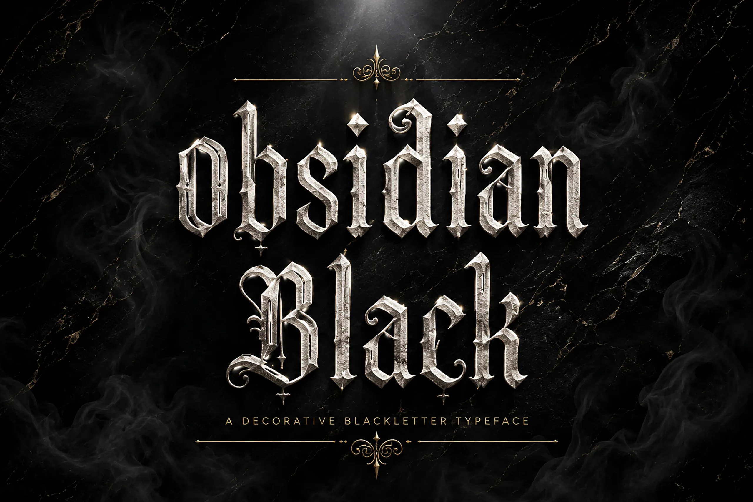 Obsidian Black Font features angular high-contrast blackletter forms, pointed terminals, condensed proportions, and ornate entry strokes.