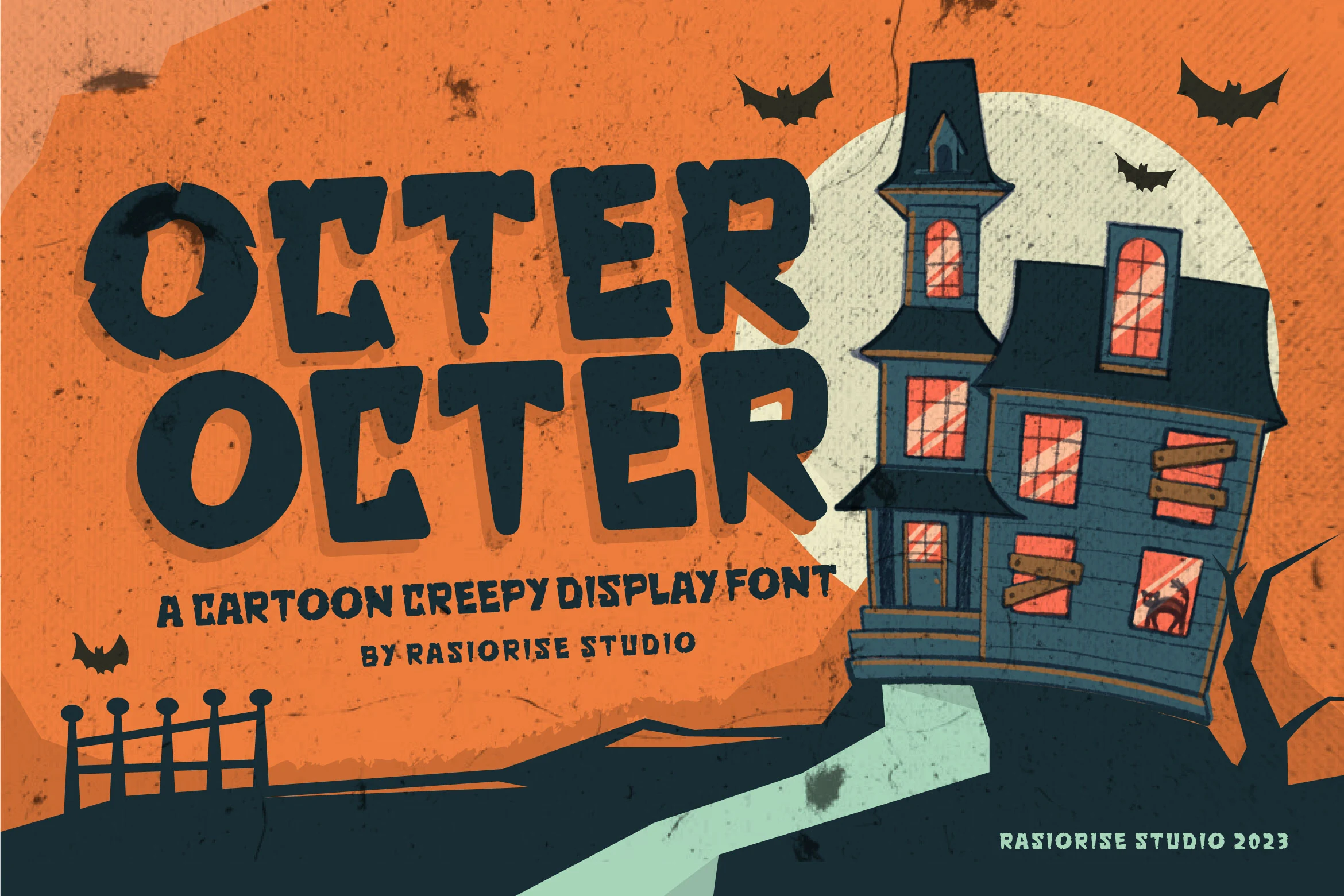 Octer Font is a bold cartoon-style display font with thick strokes, jagged edges, and rounded terminals.