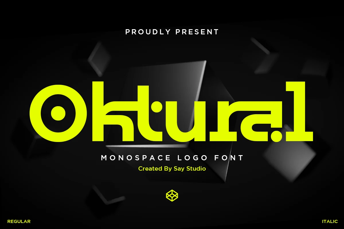 Oktural Font with bold geometric letterforms, square structures, circular elements, and stencil-like breaks.