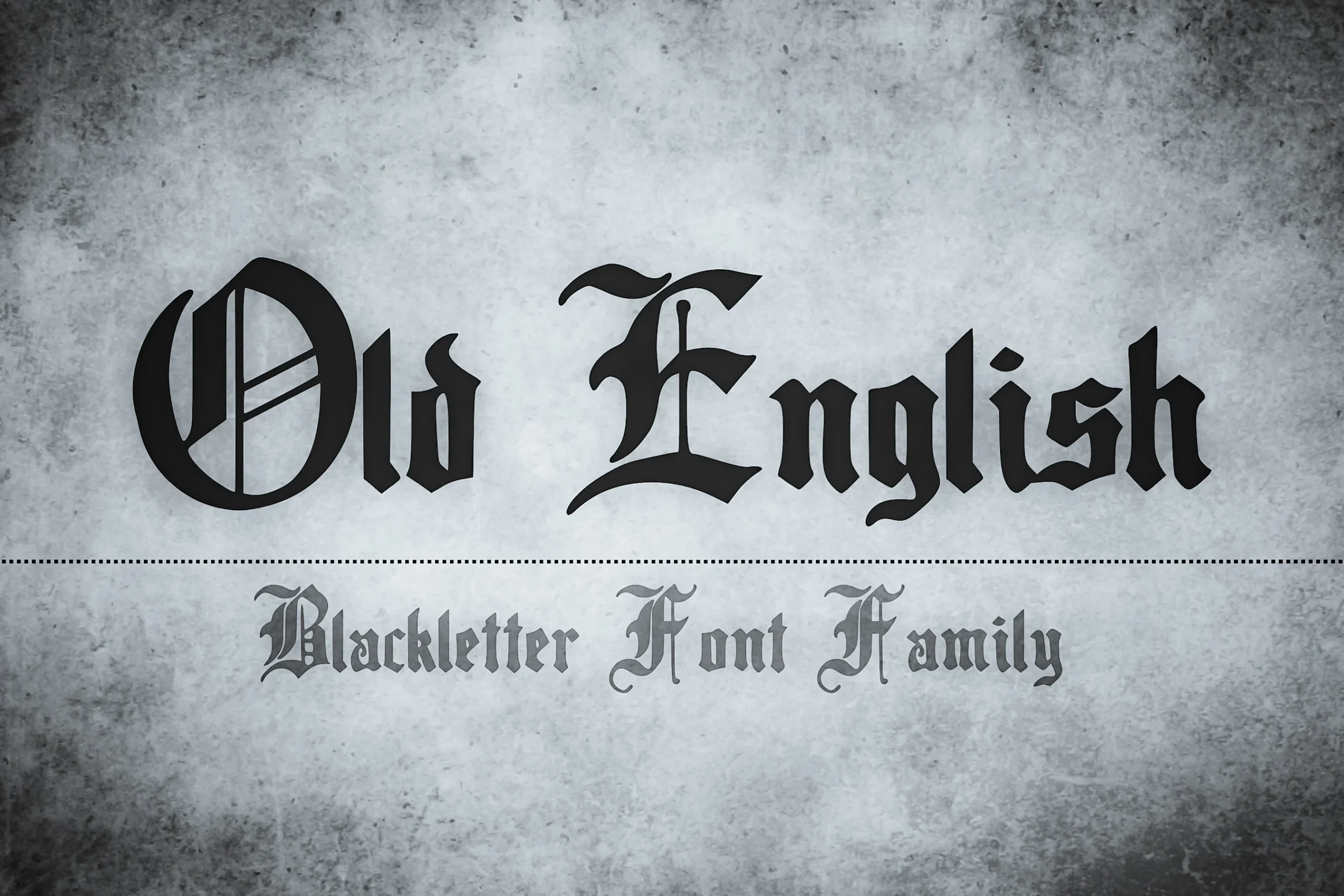 Old English Font with ornate gothic blackletter forms, sharp angular terminals, and condensed proportions.