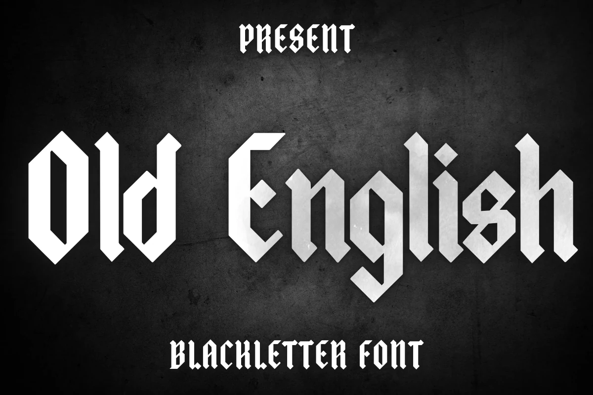 Old English Font with heavy angular strokes, vertical stress, and diamond-shaped terminals.