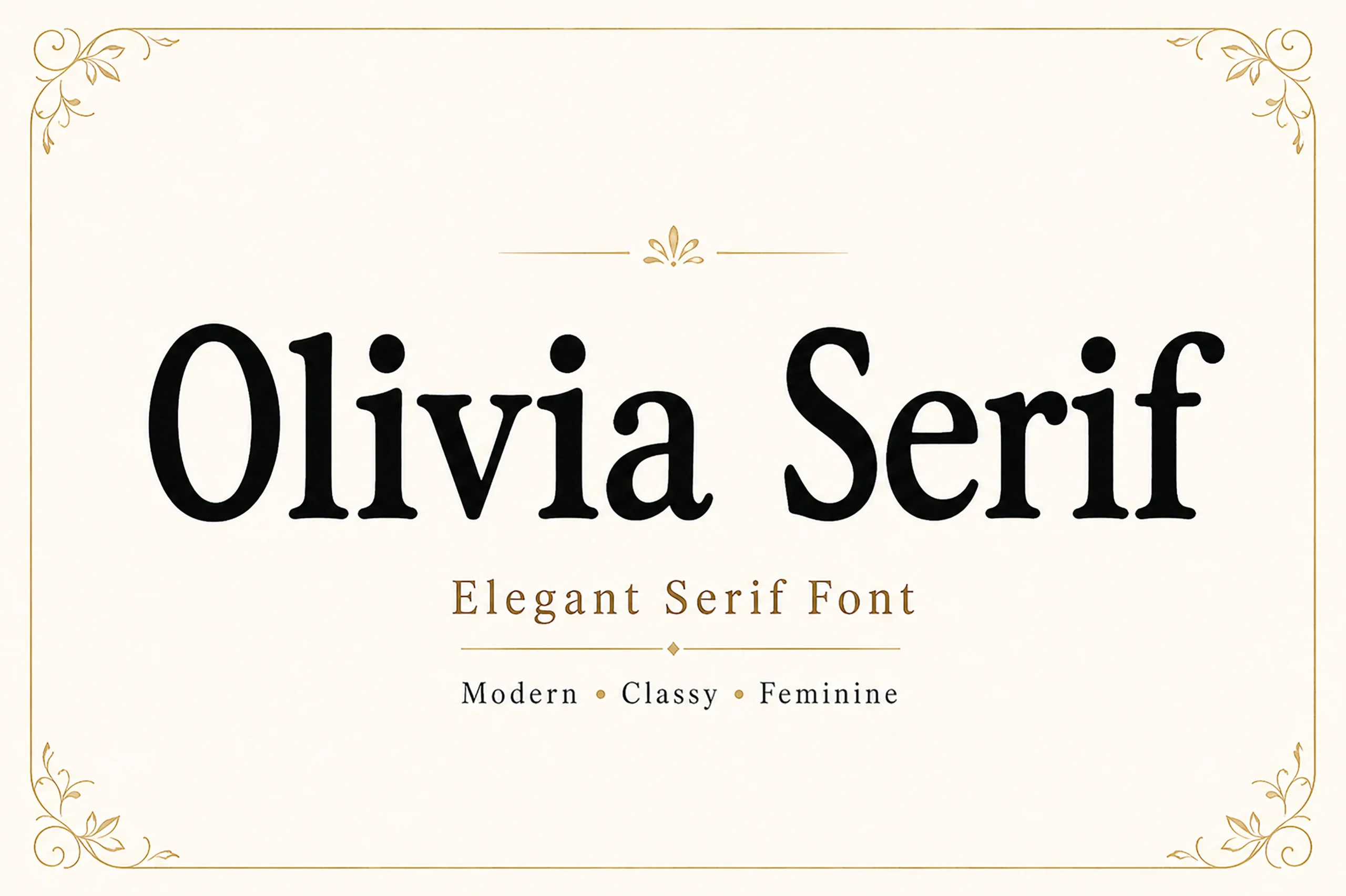 Olivia Serif Font is an upright, high-contrast serif typeface with bracketed serifs and refined traditional letterforms.