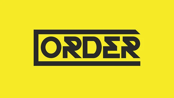 Order Font showing bold geometric sans-serif letters with angular stencil segments and an integrated rectangular frame.