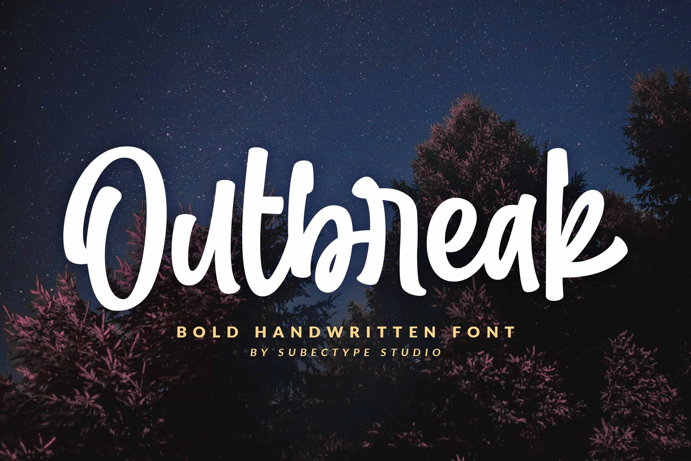 Outbreak Font shown as a bold, monolinear script with rounded terminals and disconnected letterforms.