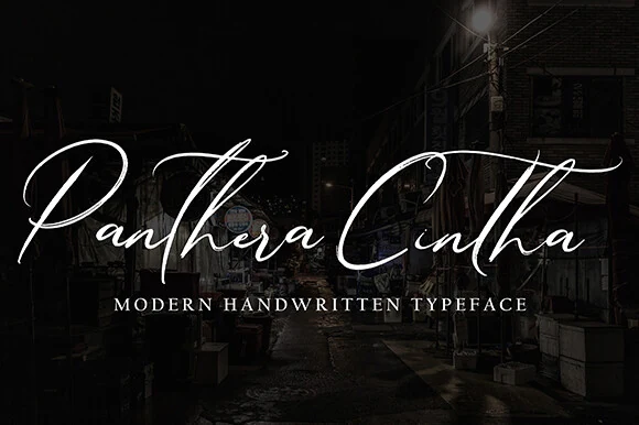 Panthera Cintha Font featuring Connected cursive letterforms and Extensive swashes and ornamental flourishes