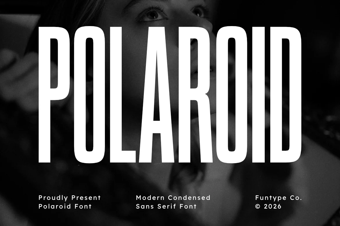 Polaroid Font in an ultra-condensed sans serif style with tall proportions, uniform strokes, and sharp vertical terminals.