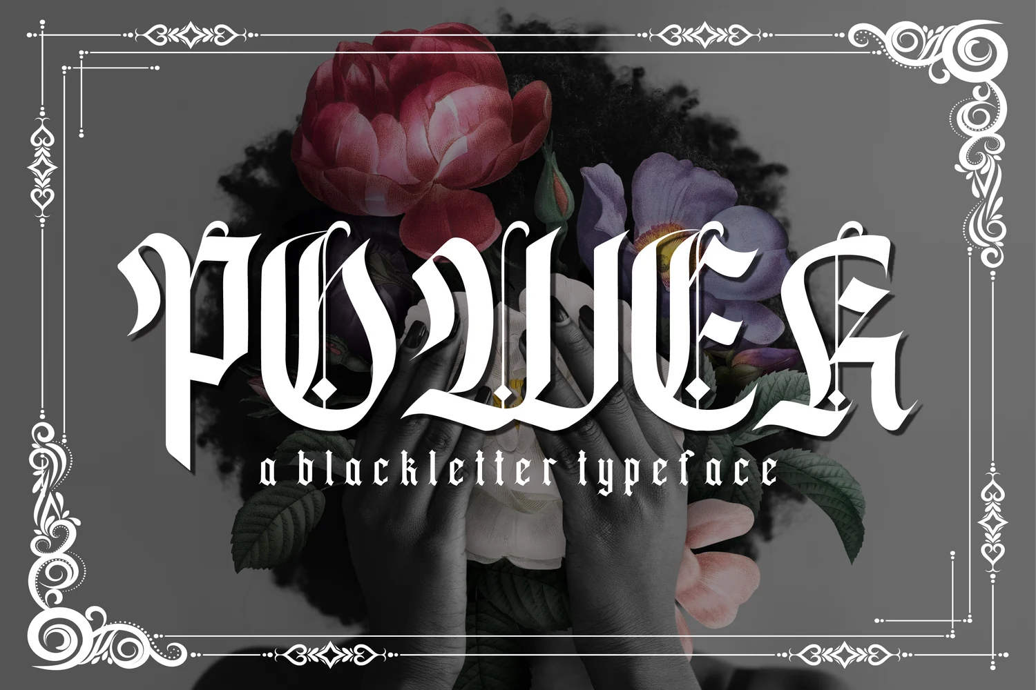 Power Font with angular blackletter forms, high stroke contrast, and decorative notched terminals.