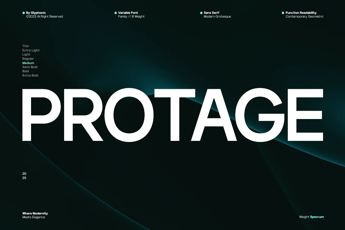 Protage Font shown as a wide geometric sans serif with stable letterforms, low contrast, and consistent stroke thickness.
