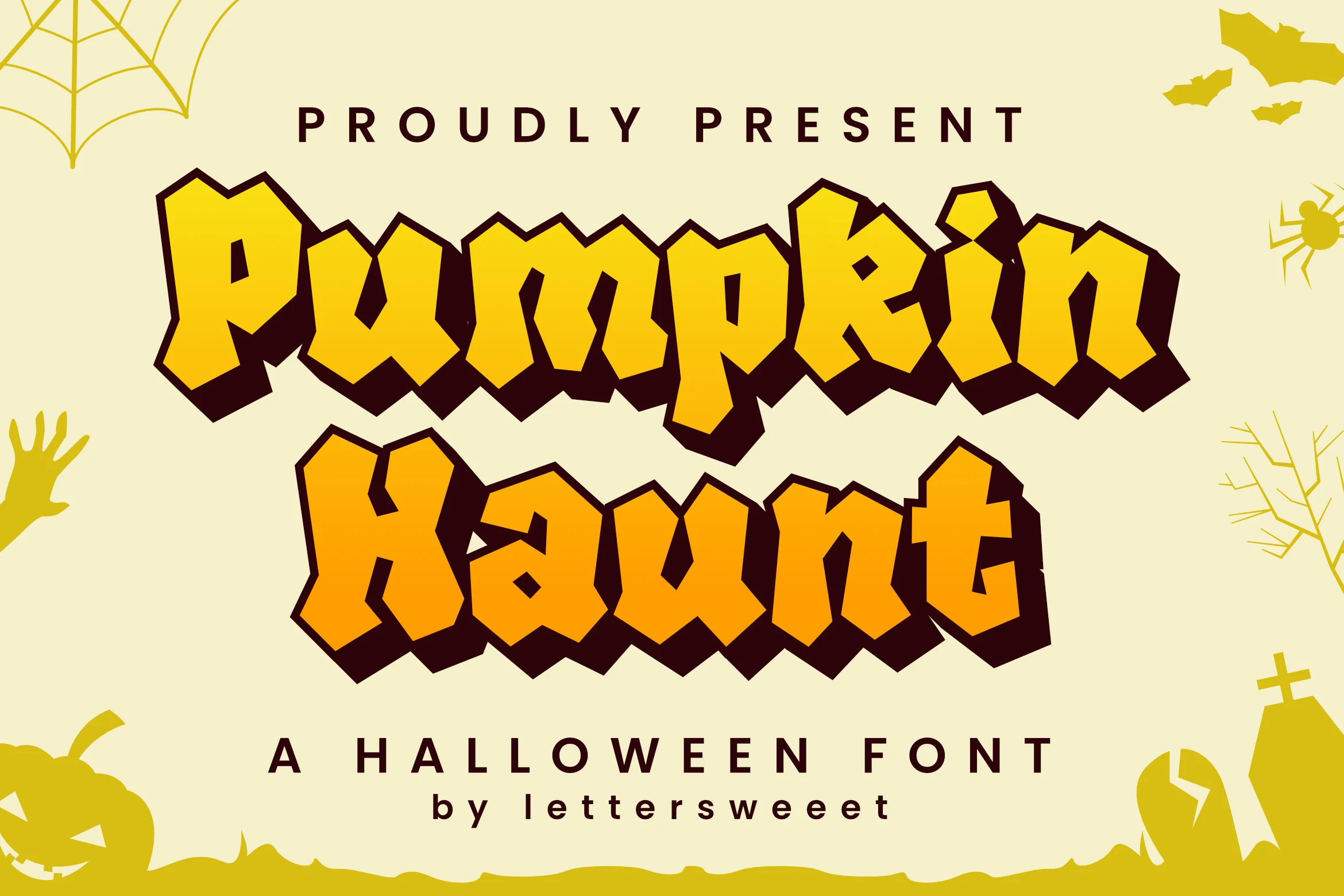 Pumpkin Haunt Font with thick chunky letterforms, jagged blocky serifs, and a prominent drop shadow.
