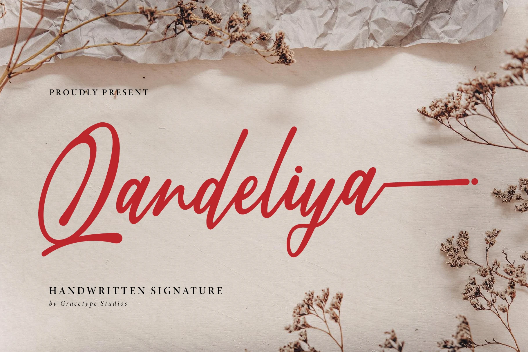 Qandeliya Font featuring connected monoline script letters, a rightward slant, and an extended terminal flourish.