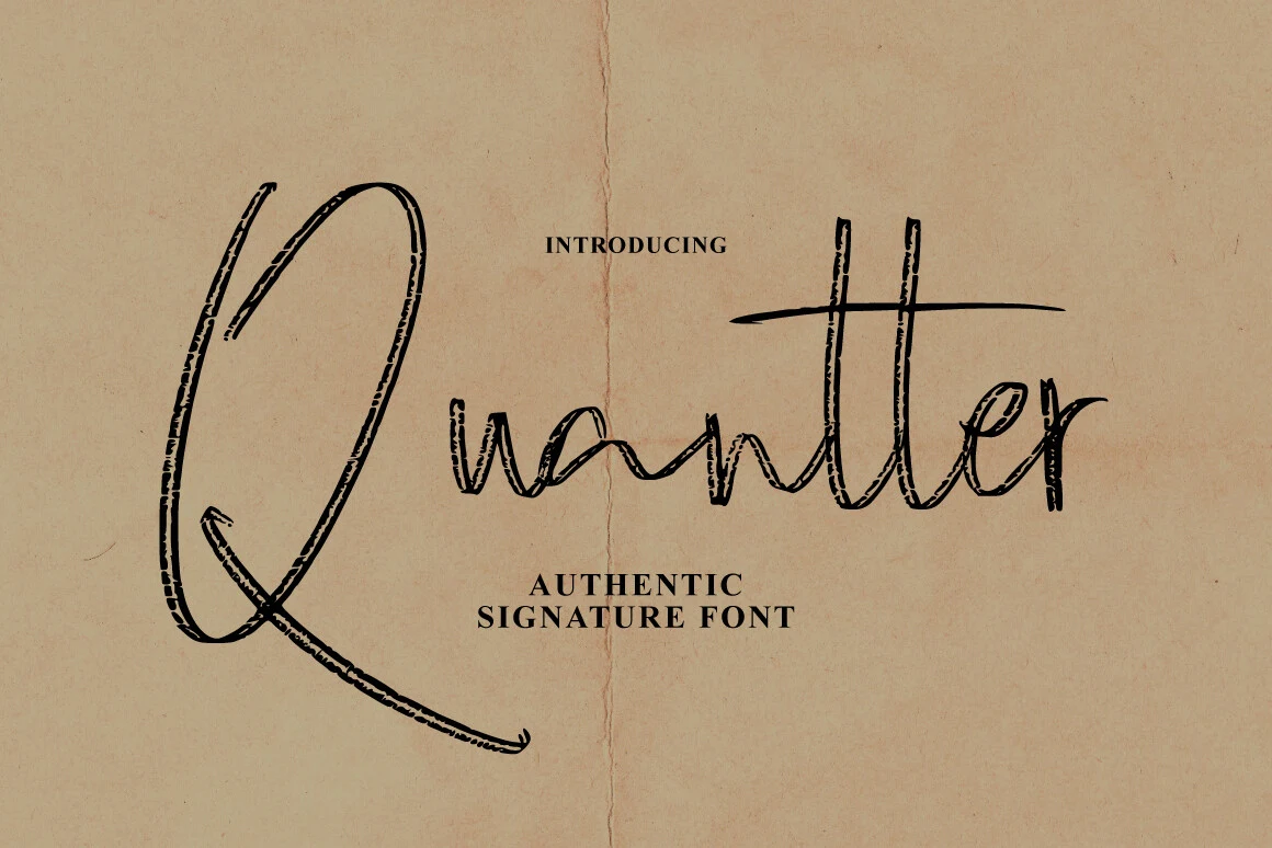 Quantter Font with connected cursive letters, distressed textured edges, and a sweeping initial Q.
