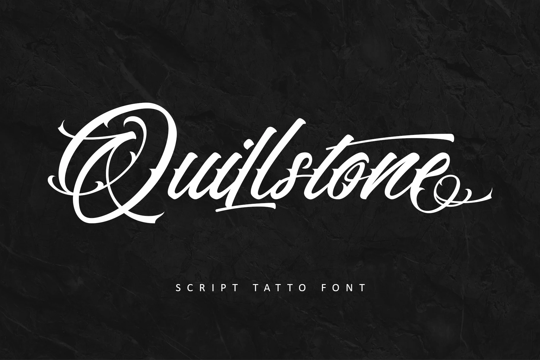 Quillstone Font displaying connected calligraphic letters with high stroke contrast, sweeping swashes, and pointed terminals.