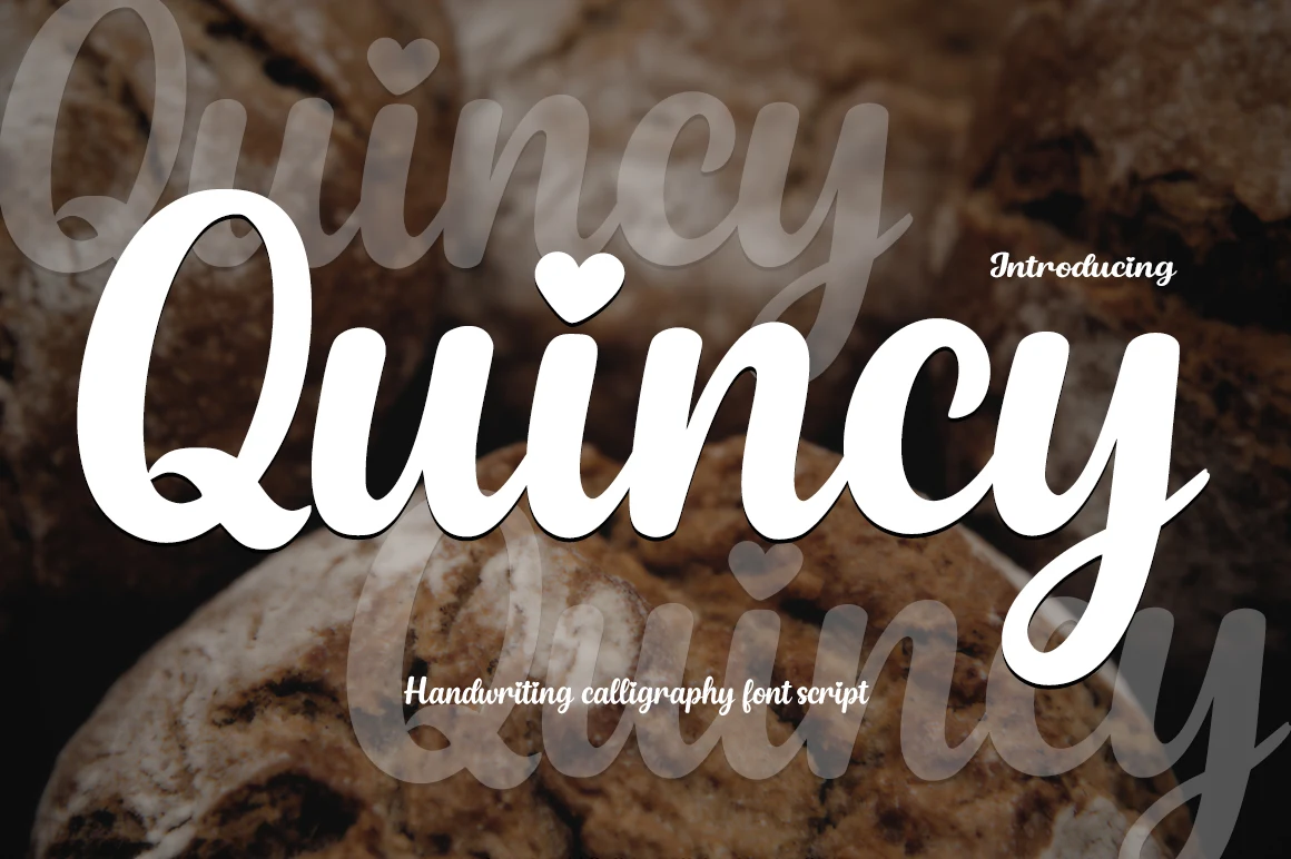 Quincy Font displayed in flowing connected script with high stroke contrast, rounded curves, and heart-shaped dots.