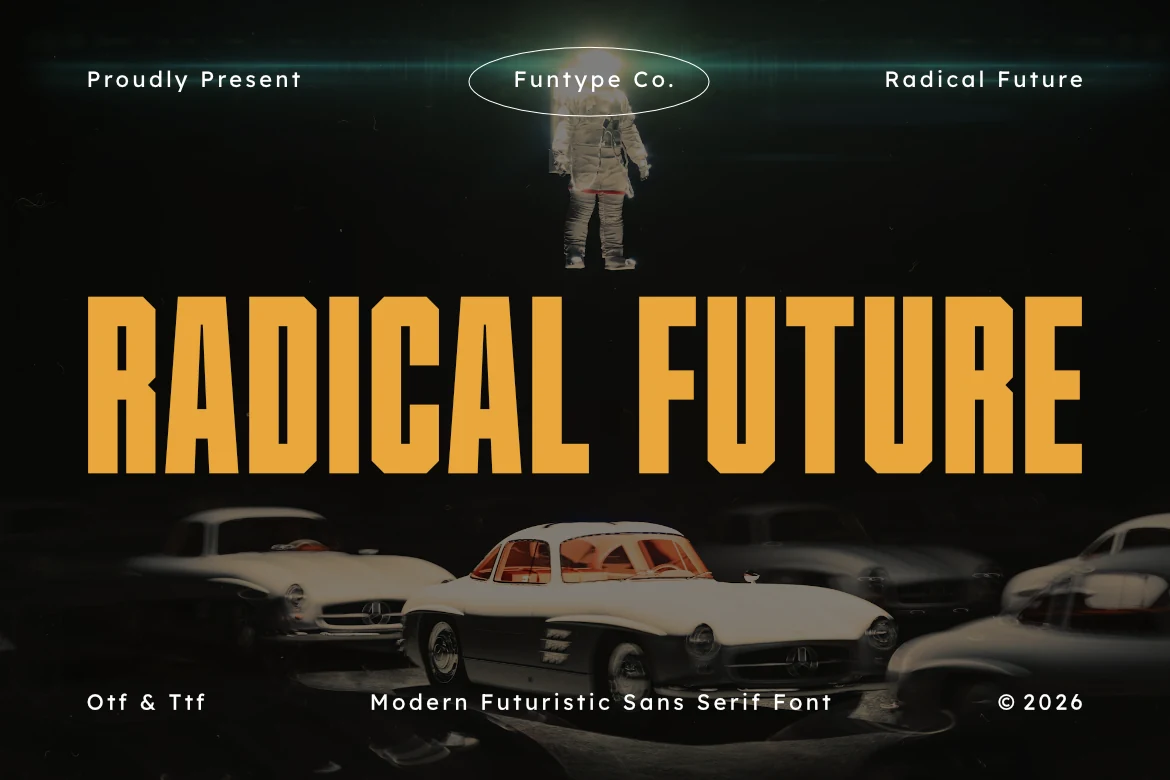 Radical Future Font in a bold condensed display style with tall proportions, angular notches, and heavy block-like letterforms.