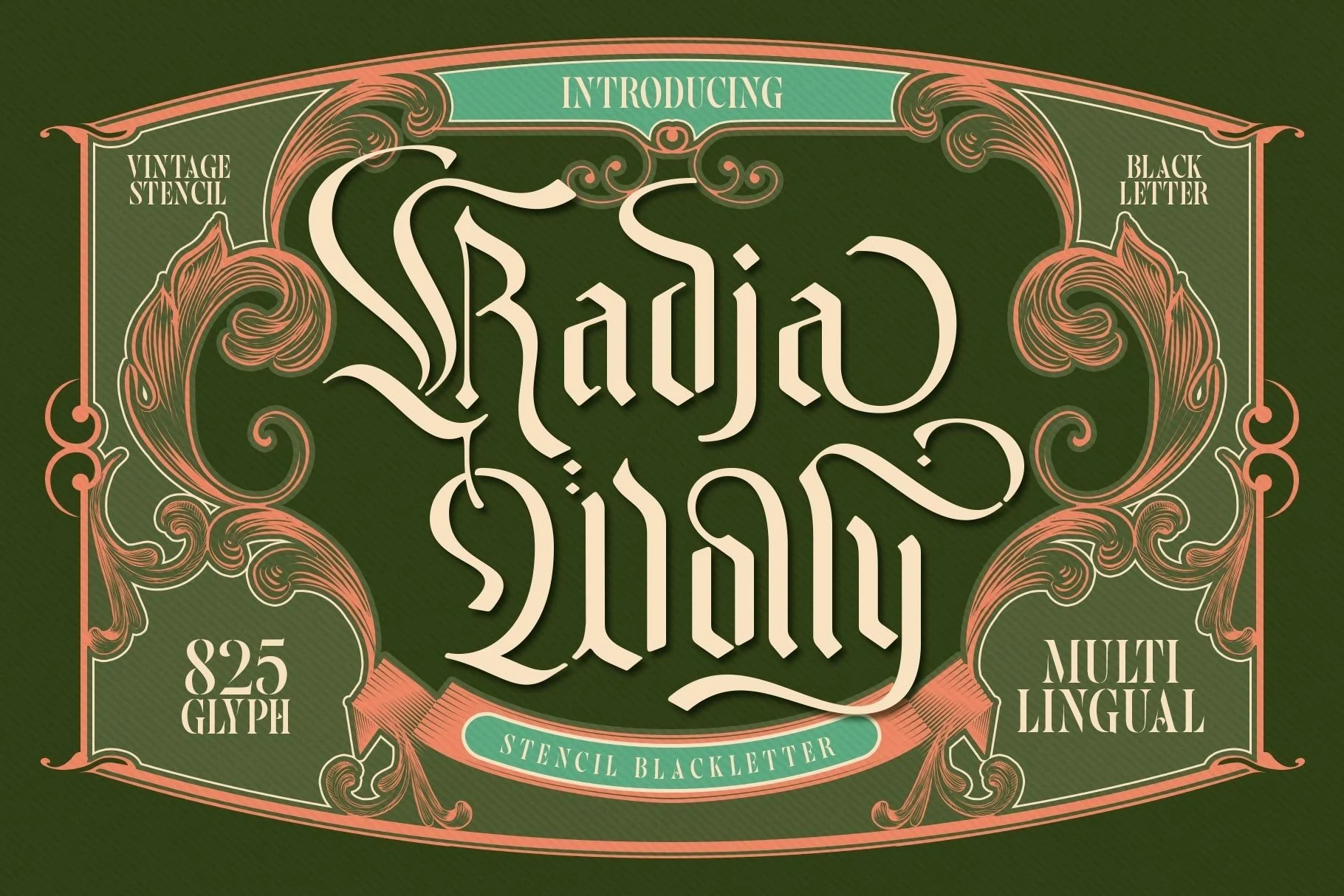 Radja Wolly Font is an ornate blackletter display typeface with stencil gaps, high-contrast strokes, and elaborate swash terminals.