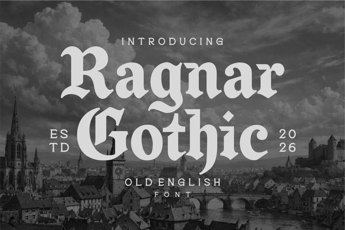 Ragnar Gothic Font featuring ornate blackletter forms with pointed terminals, sweeping curves, and strong stroke contrast.