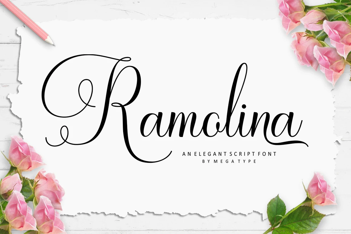 Ramolina Script Font is a high-contrast connected script with flowing lowercase letters and an ornate initial capital R.