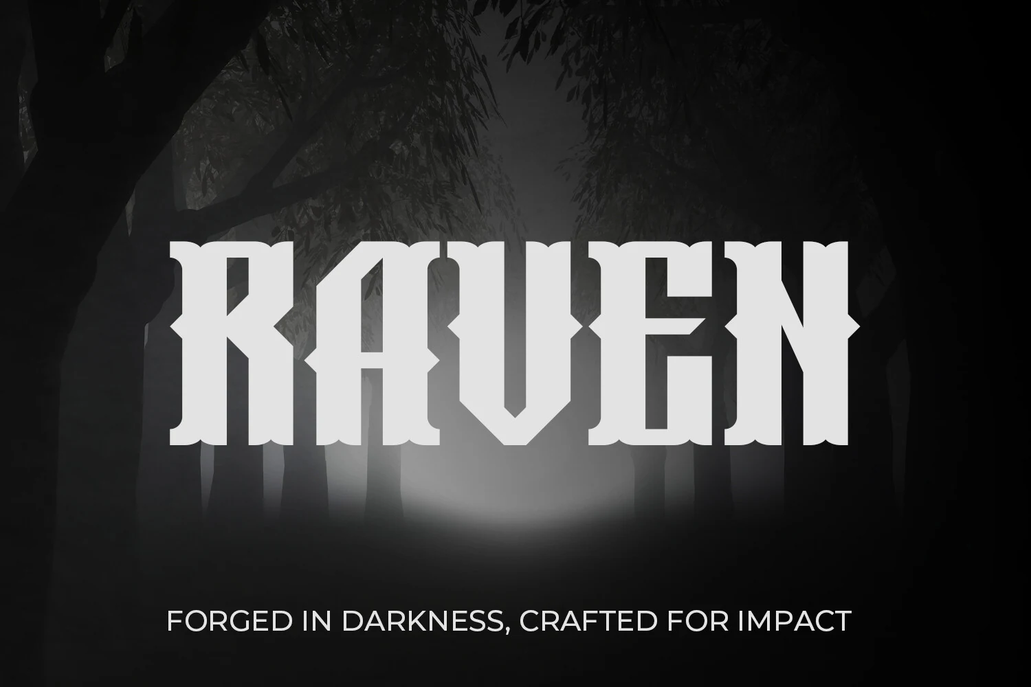 Raven Font featuring heavy wide letterforms, geometric slab serifs, and sharp angular corners.
