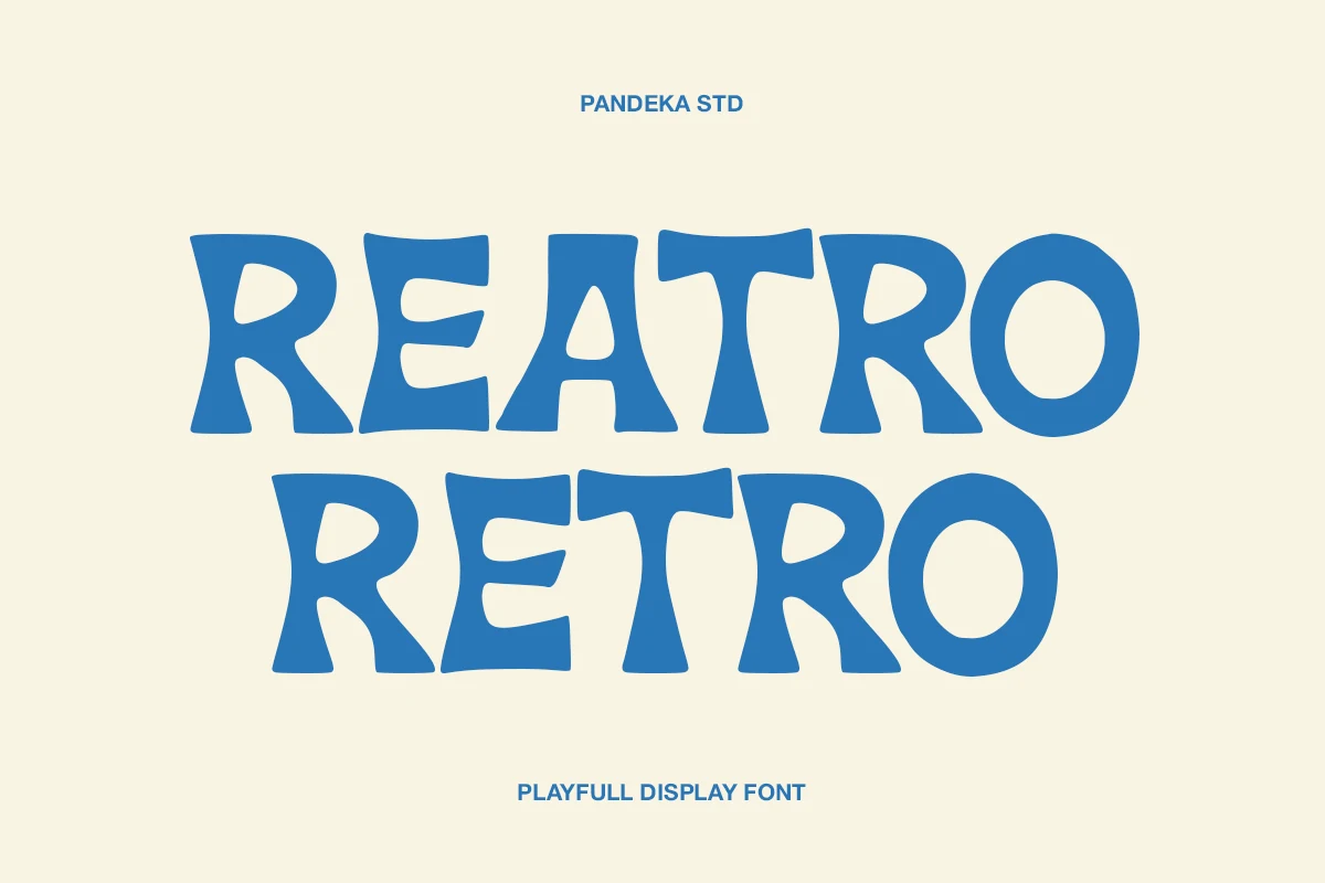 Reatro Retro Font preview showing bold, wavy, wide letterforms with flowing curves and asymmetrical shapes.