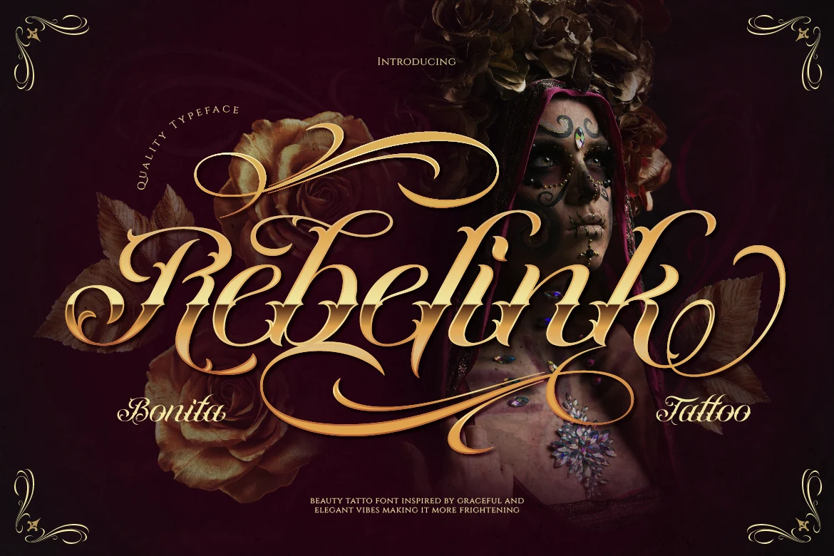 Rebelink Font shown as an ornate, high-contrast connected calligraphic script with sweeping flourishes and tapering terminals.