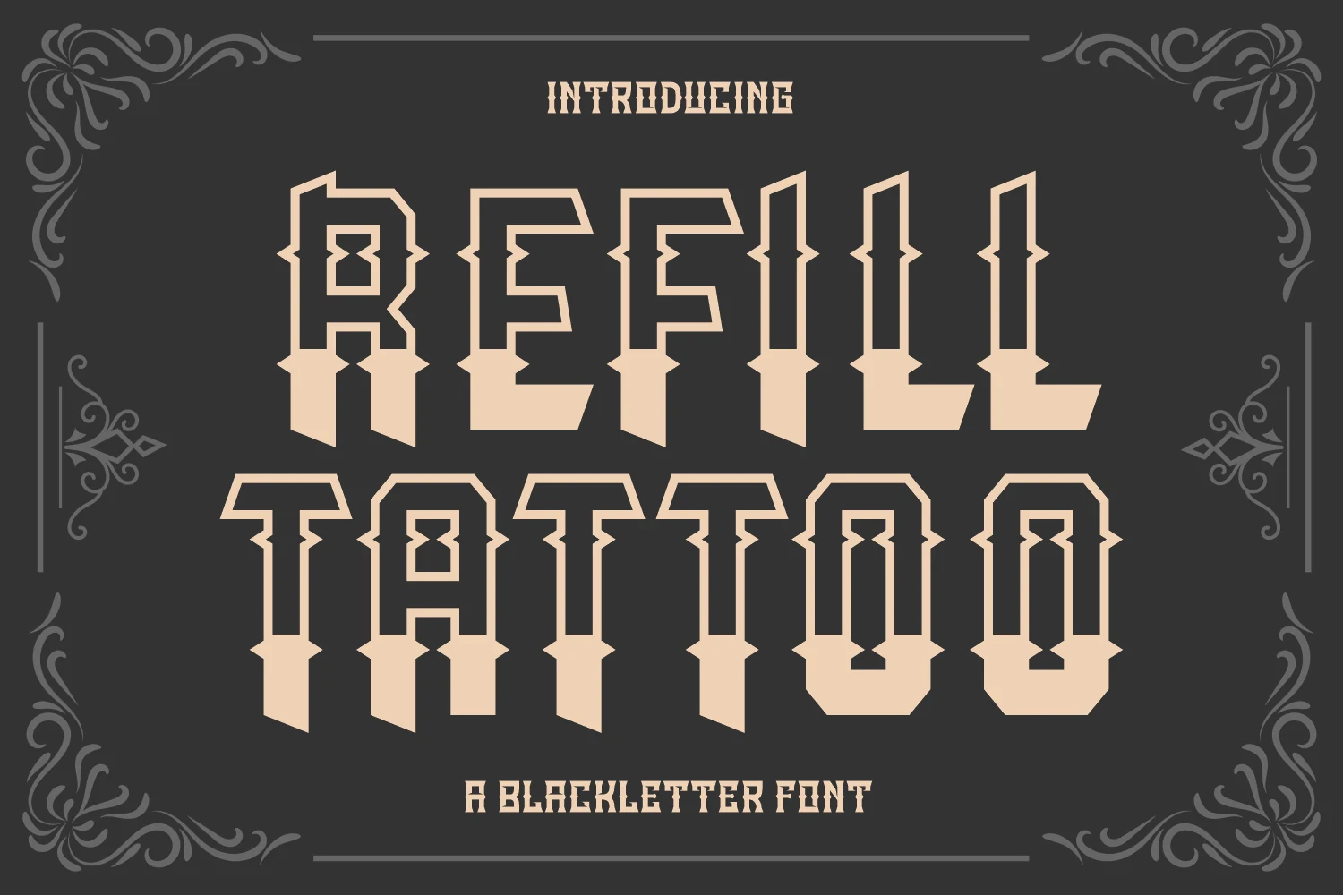 Refill Tattoo Font features heavy blackletter forms with sharp angular terminals, geometric cutouts, and a horizontal two-tone split effect.