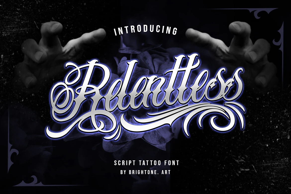 Relentless Font features high-contrast connected cursive lettering with ornate swashes and sharp tapering terminals.
