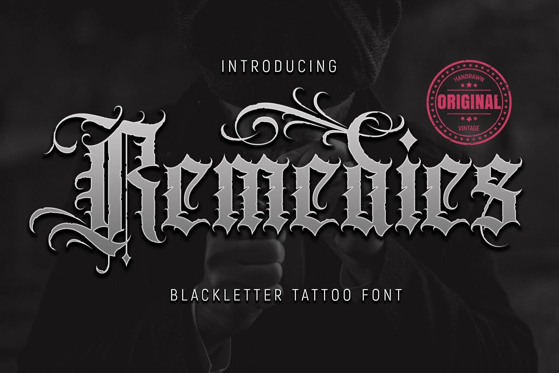 Remedies Font featuring bold, ornate blackletter letterforms with pointed terminals and decorative capital flourishes.