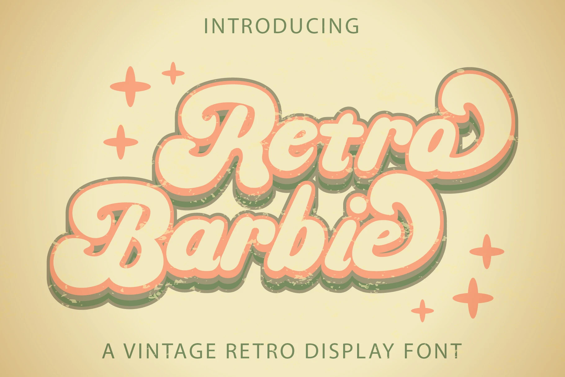 Retro Barbie Font features bold, connected cursive letterforms with rounded terminals and a layered 3D shadow effect.