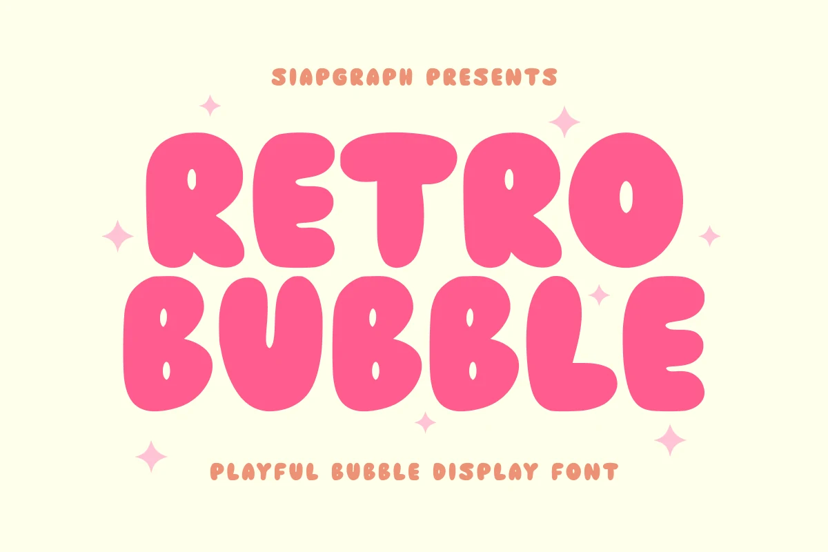 Retro Bubble Font is a heavy rounded display typeface with thick monolinear strokes, inflated organic forms, and enclosed letter spaces.