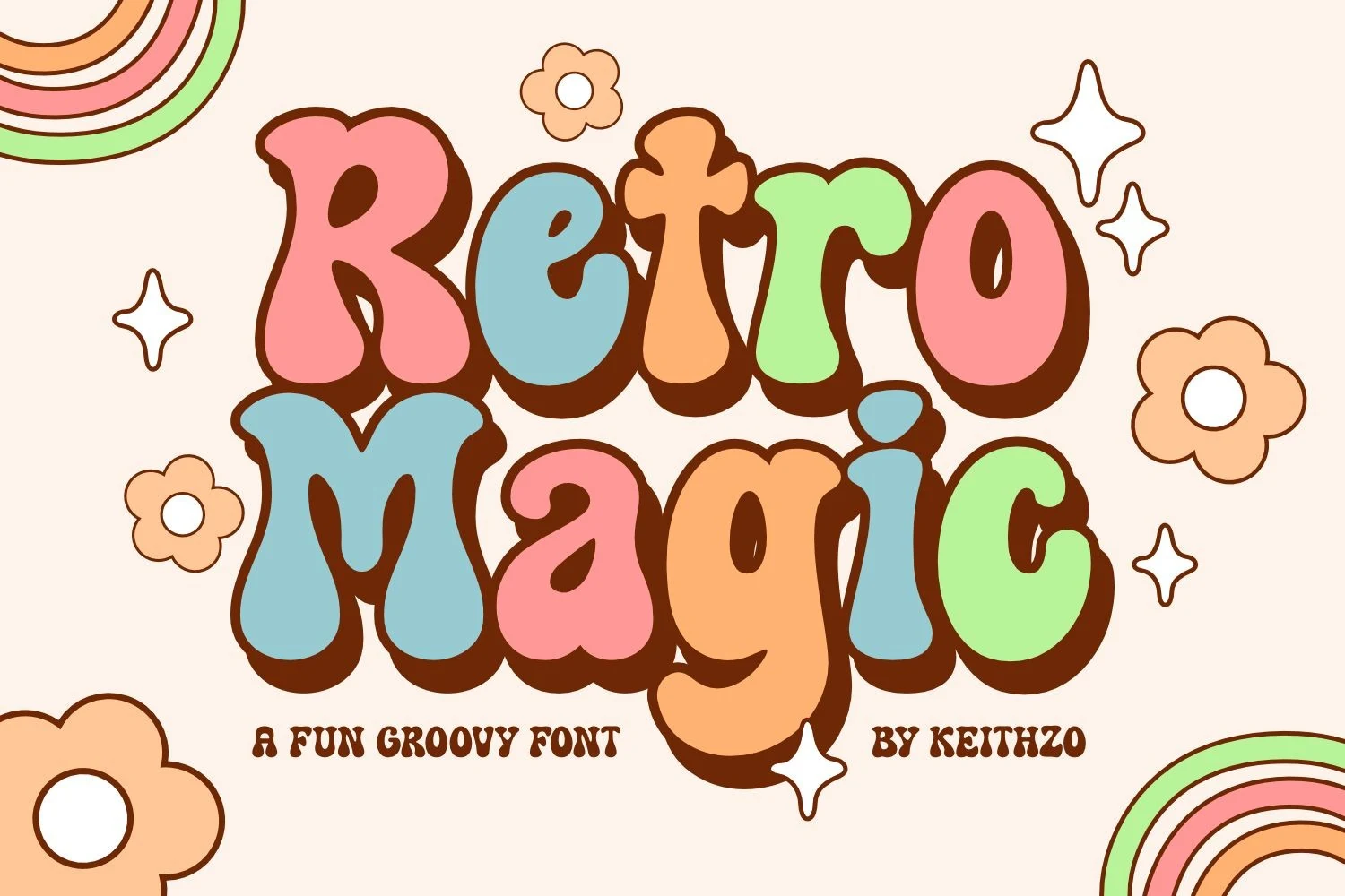 Retro Magic Font is a bold bubble-style display typeface with rounded letterforms and heavy uniform strokes.