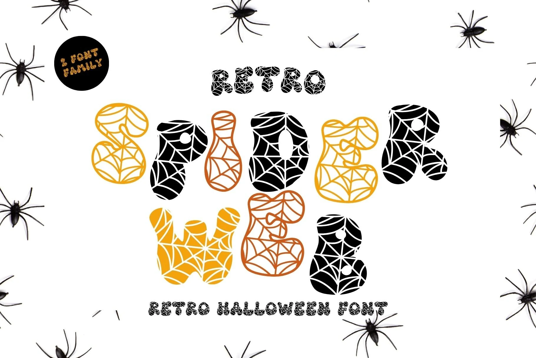 Retro Spider Web Font features bold rounded bubble-style letters filled with repeating spider web patterns.
