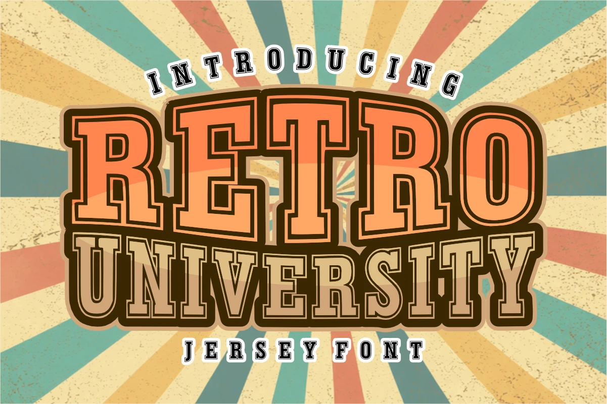 Retro University Font features bold, blocky slab serif letters with wide proportions and layered shadow effects.