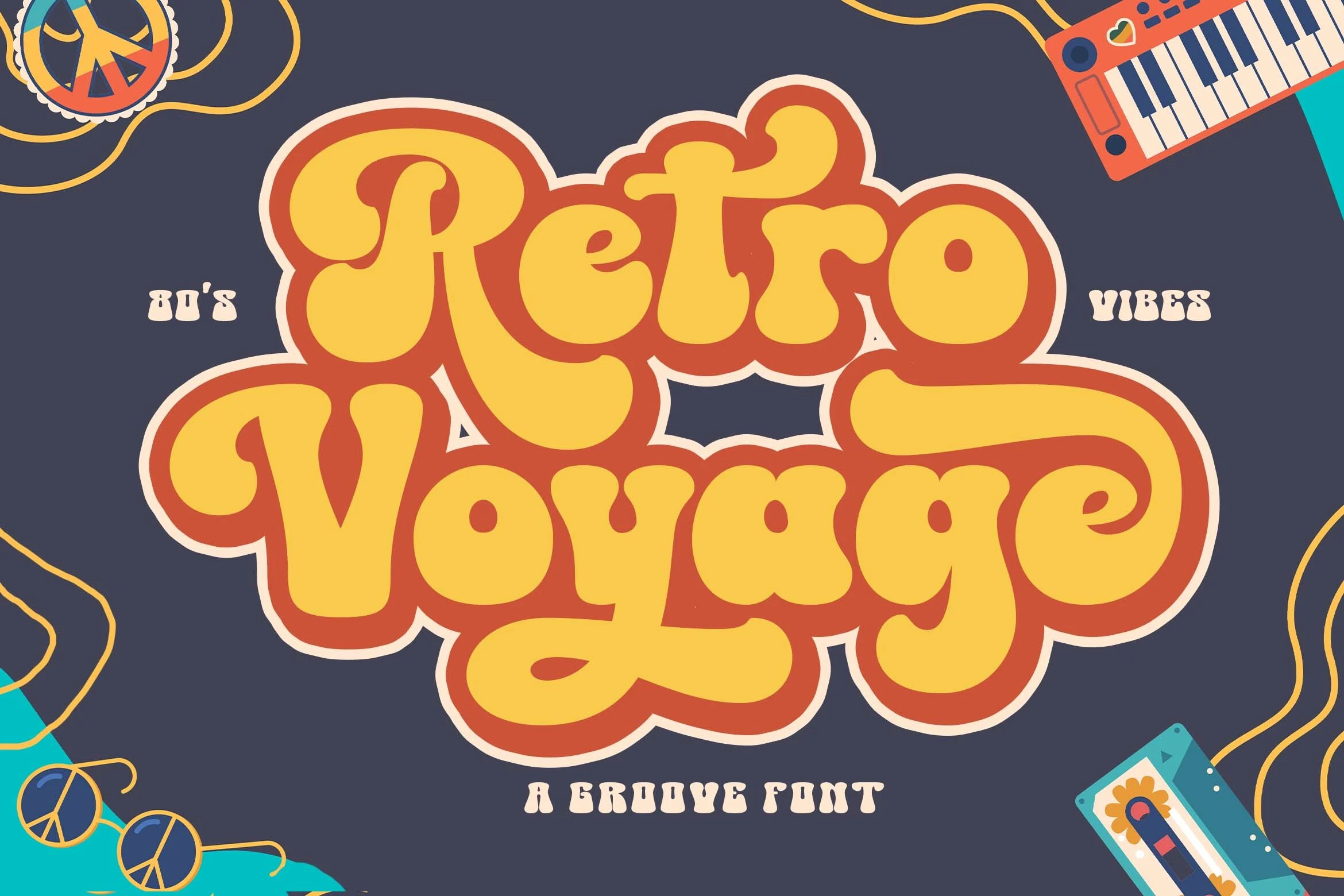 Retro Voyage Font shown in a bold, rounded display style with flowing contours and tightly spaced letters.