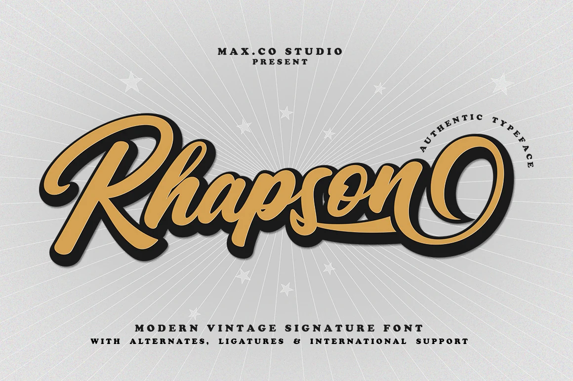 Rhapson Script Font is a bold connected script with a strong rightward slant, high stroke contrast, and a large terminal swash.