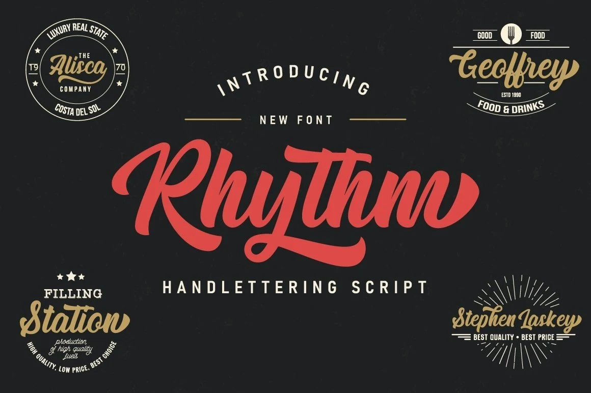 Rhythm Font features bold connected cursive lettering with high stroke contrast, rounded terminals, and a pronounced rightward slant.