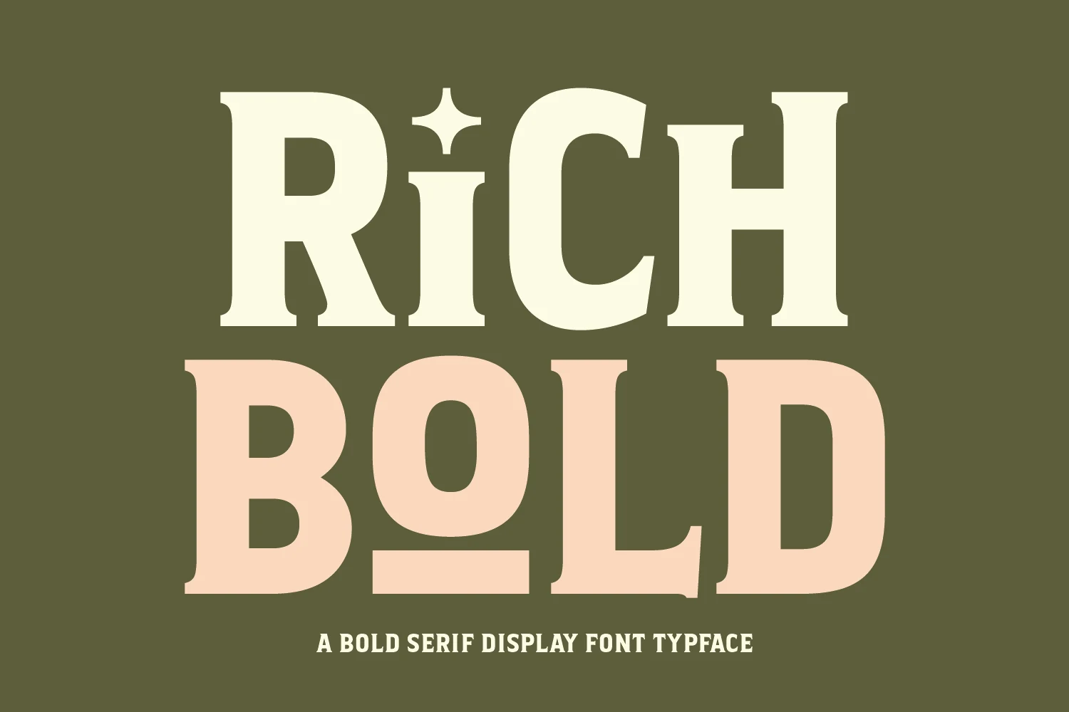 Rich Bold Font is a heavy, wide-set serif typeface with high contrast, prominent bracketed serifs, and a decorative star-like dot above the lowercase i.