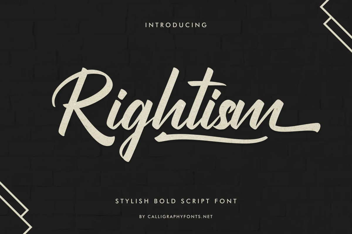 Rightism Font is a bold connected script with a strong forward slant, tapered terminals, and a prominent baseline swash.