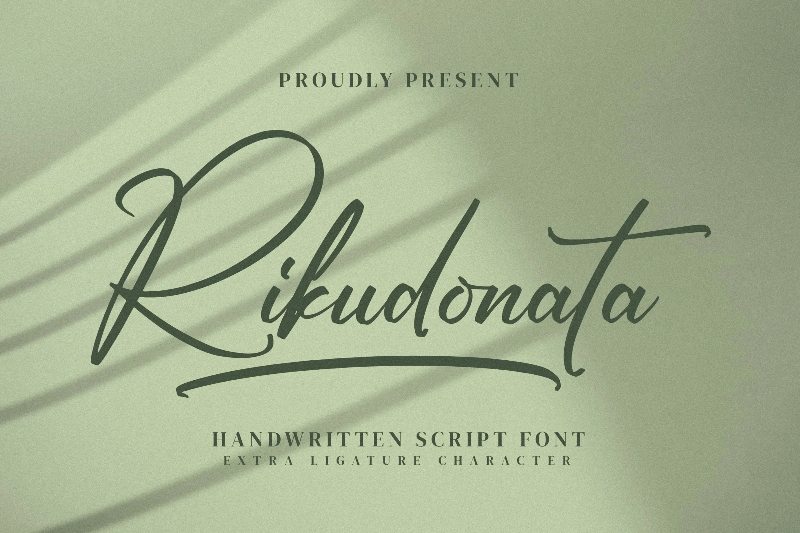 Rikudonata Font displayed in a flowing connected script with a pronounced slant and sweeping decorative flourishes.