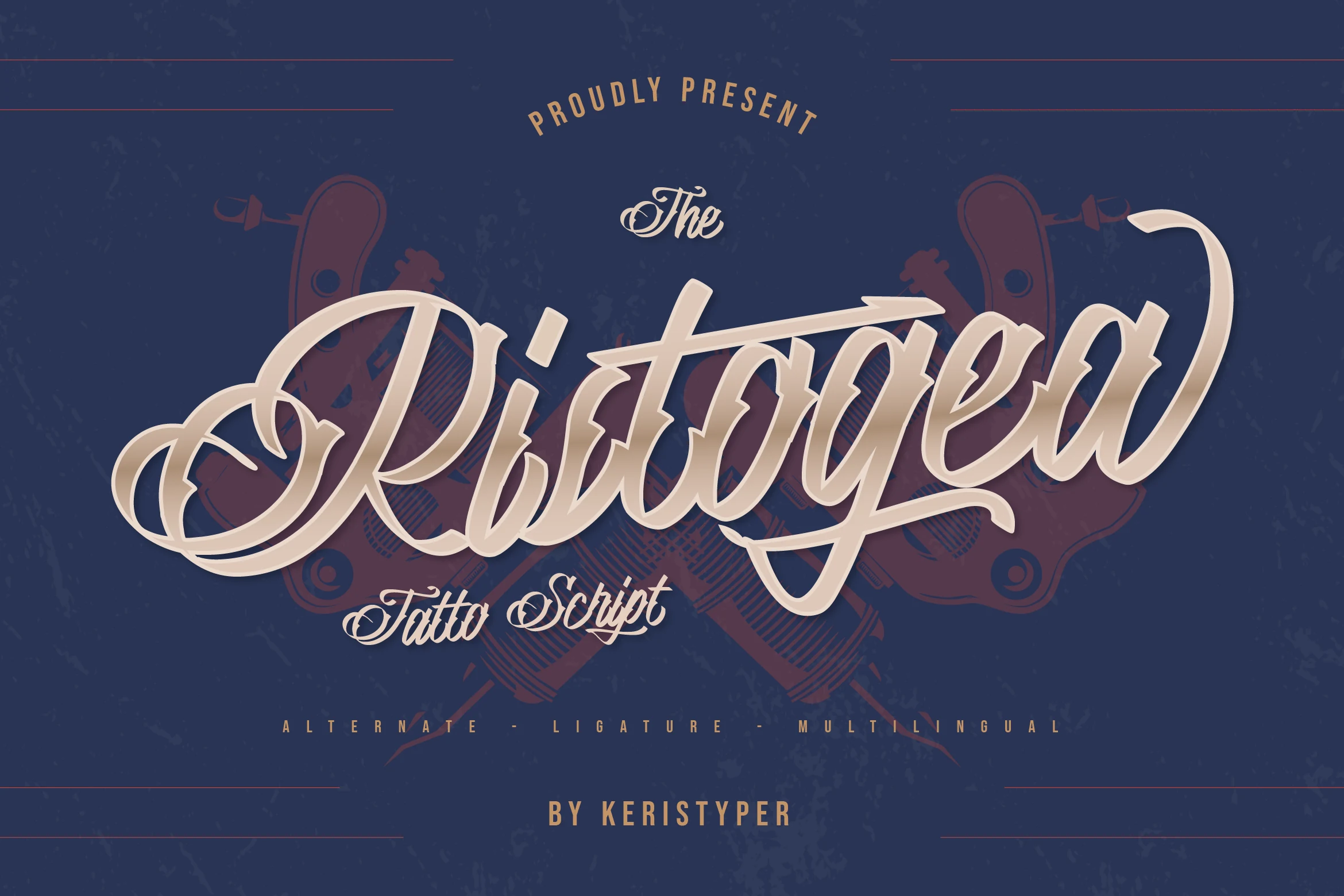 Ristogea Font preview showing a bold connected calligraphic script with high contrast and sweeping decorative swashes.