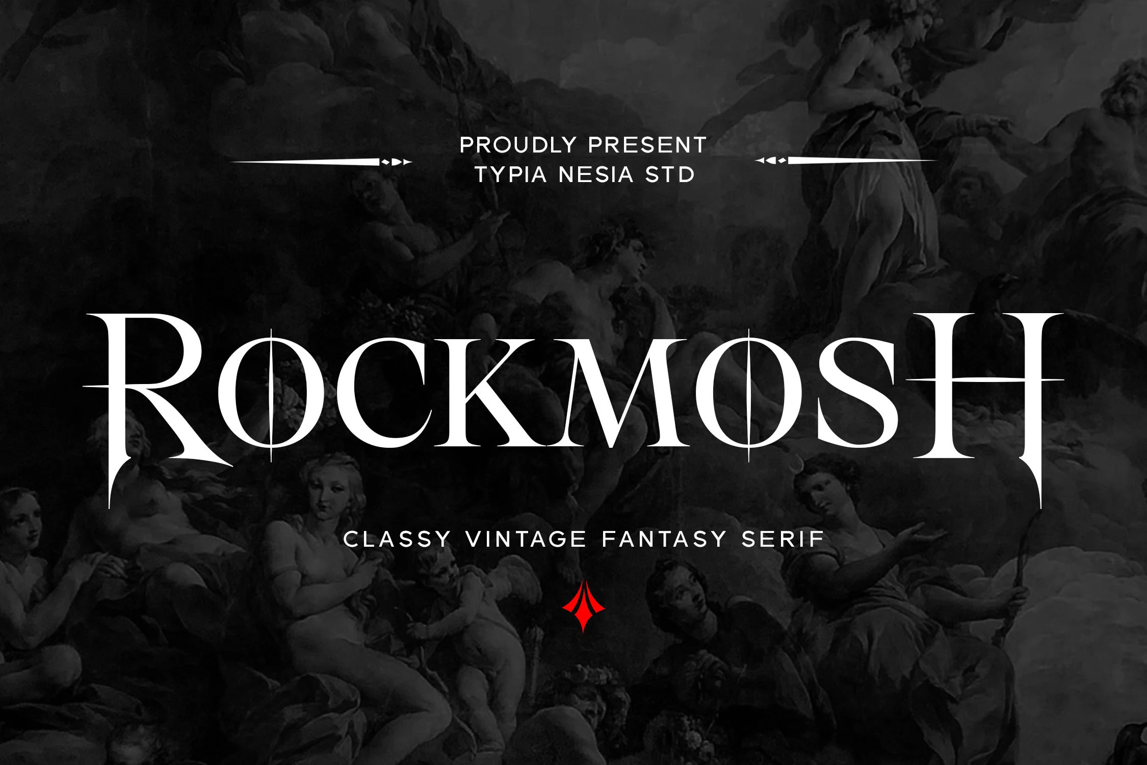 Rockmosh Font in an upright ornate serif style with sharp pointed serifs, high contrast, and decorative terminal spikes.